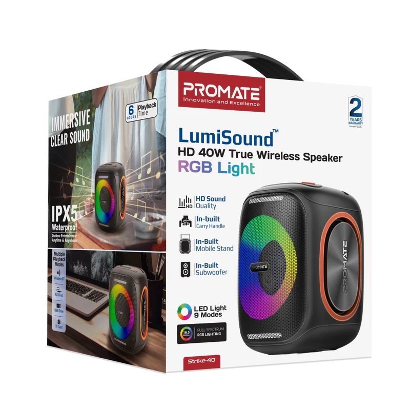 Promate Strike-40 True Wireless Speaker LumiSound HD 40W Stereo Sound HD with Dynamic RGB Light Promate Strike-40 True Wireless Speaker LumiSound HD 40W Stereo Sound HD with Dynamic RGB Light